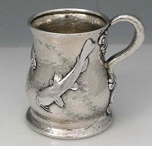 tiffany sterling aesthetic hammered cup with applied fish and crab